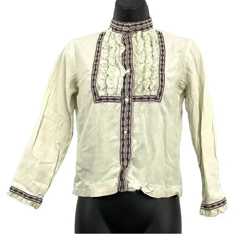 VTG Lord & Taylor Beige Tunic Top‎ Embroidered Trim Long Sleeve SMALL